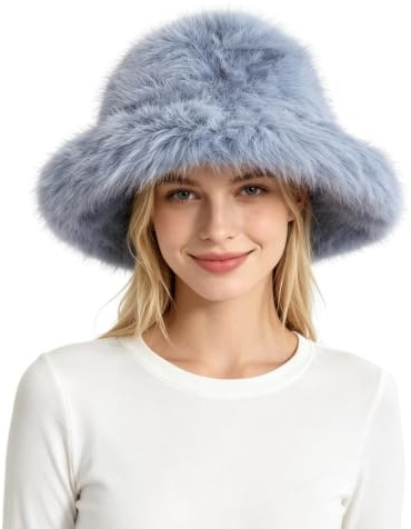 Lina & Lily Grande Cappello da Pescatore Donna Invernale in Pelliccia Sintetica Pelo Lungo (Blu Chiaro)