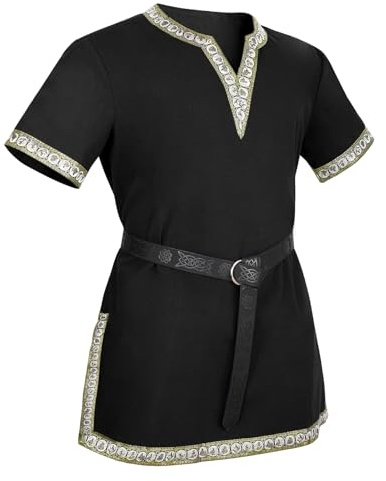 VONMELLI Disfraz medieval para hombre, camisas, renacimiento, vintage, túnica, caballero vikingo, pirata, Halloween, cosplay, negro, con cinturón medieval, L