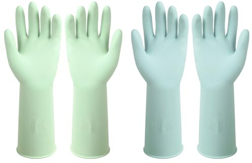 Diskhandskar återanvändbara gummihandskar kökshandskar 2 par färgglada rengöringshandskar för att diska och rengöringsuppgifter flexibla långvariga och halkfria (ljusblå och ljusgrön, medium)