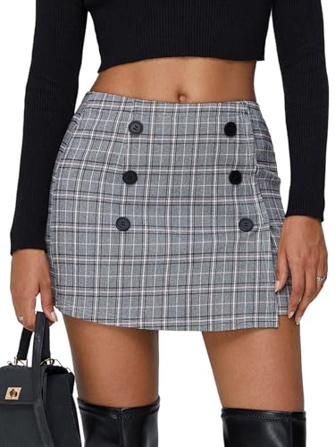 EXLURA Womens Fall Plaid Bodycon Mini Skirts High Elastic Wasit Short Skirt Trendy Winter Sexy Y2K Fashion Outfit Grey Pink