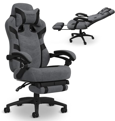 Respawn 110 Pro Ergonomic Gaming Chair with Footrest for Adults - Comfortable Office Gaming Recliner with Lumbar Support and Headrest, Racing Style Video Game Chairs for Computer Gamer - Gray Fabric