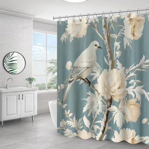 Yelolyio Chenonceau Duschvorhang für Badezimmer, Vogel- und Botanikal-Duschvorhang-Set mit Haken, dekorativer Badvorhang für Heimdekoration, Polyester, wasserdichter Stoff, 152,4 x 182,9 cm