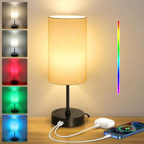Befurglor Bedside Lamps, Dimmable 3 CCT & RGB 7 Colors Table Lamp with USB A+C Charging Ports, Touch Control Desk Lamp for Bedroom Living Room Office (White Fabric Shade)