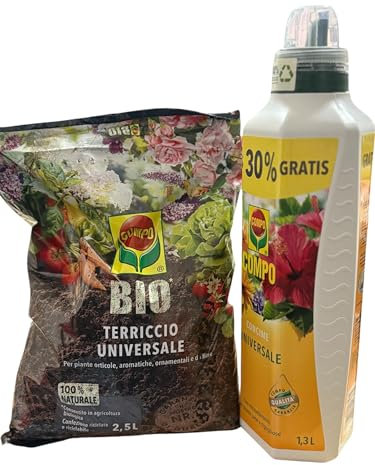 KIT CONCIME + TERRICCIO-Concime Liquido Universale NPK con Microelementi da 1,3 L (30% Gratis) + Terriccio Bio Universale da 2,5 L. Ideale per Tutte le Piante in Vaso, in Casa, Balcone e Giardino.