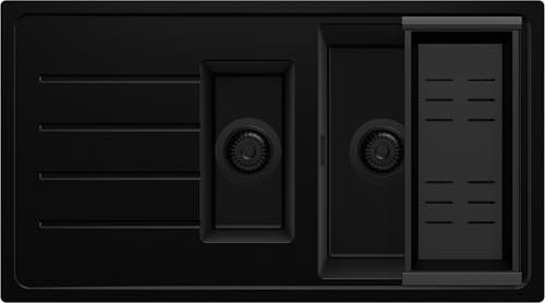 PRIMAGRAN Evier Cuisine en Granit Tout Noir 90x50cm, Lavabo 1,5 bacs + Kit de Vidage, Évier à Encastrer au meuble 60cm - Copenhague Duo
