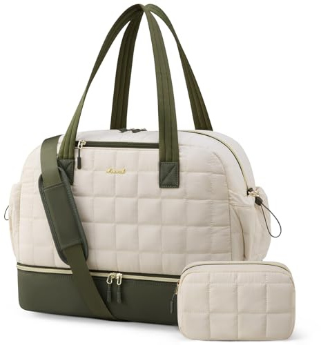 LOVEVOOK Resväska dam, lätt buffert, weekendklinikväska, sportväska resväska med skofack och våtfack, handbagage, väska för flygplan resor, Grön + beige, M, Verktyg