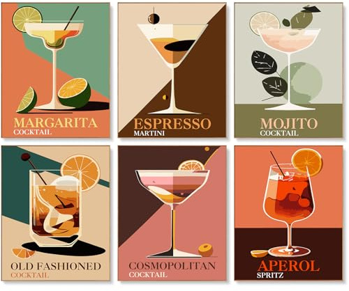 6 Pack Paint by Numbers for Adults, Retro Cocktail, Vintage, 8x10 Inch | Acrylic Number Painting Set, DIY Canvas Art Craft Kit, Beginner Friendly, Home Wall Decor, Stress Relief Relaxing Hobby Gift