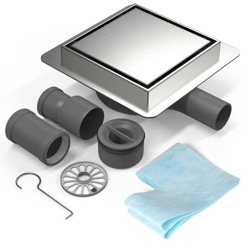 EFUTURETIME 20x20cm Scarico Doccia Filo Pavimento Quadrato in Acciaio Inox, Piletta Doccia Piatto Piastrellabile Sifone a 360° con Filtro Antiodore e Anti-Capelli per Doccia Walk-in