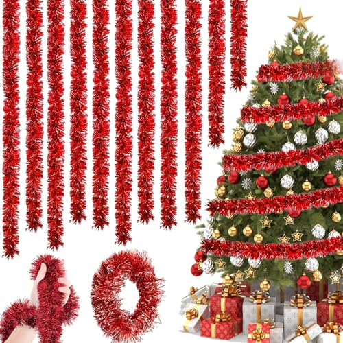 10 PCS Espumillón de Navidad, Guirnalda de Oropel de Navidad, 2m, Metálico Oropeles Brillantes Decoración, Espumillón de n-avidad para Decoración de Ventana Pared Adornos NavideñOs (Rojo)