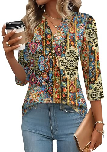 IECCP Womens Tops Dressy Casual Blouses 3/4 Length Sleeve Flowy Tunics