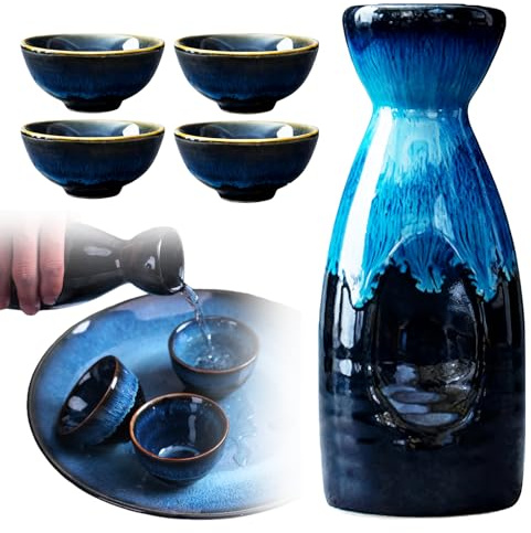 Lot de 5 pièces / service à saké de 310 ml en céramique japonaise, verre borosilicate de qualité supérieure avec gobelet et pot à vin, porcelaine bleue élégante