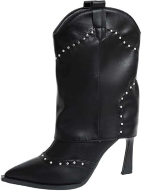 Generisch Bottes basses à talons hauts pour femme - En cuir synthétique - Confortables - Bout pointu - Chaussures d'hiver pour femme - Bottines élégantes - Bottines traditionnelles - Bottes à lacets