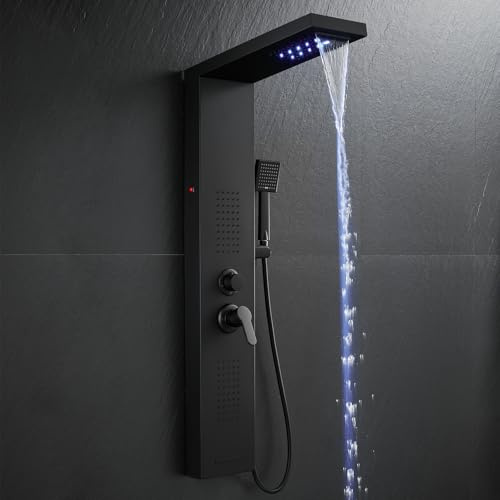 ROVOGO Pannello doccia completamente nero LED, 5 modalità con miscelatore - Cascata/Pioggia/Getti di massaggio/doccetta a mano/beccuccio vasca, colonna doccia idromassaggio in acciaio inox, montaggio
