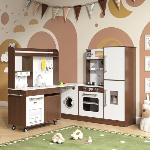 BVIUNTWO Large Play Kitchen Toy Set,Corner Rotatable Kids Kitchen Playset with Real Lights & Sounds,Toy Sink with Running Water,Interactive Role-Play Toy for Multiple Children,Ages 3+,Walnut and White