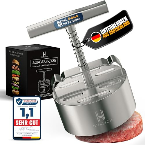 Hublich® Pressa per hamburger di alta qualità in acciaio inox – pressa per hamburger – Accessorio ideale per barbecue perfetto per patties di carne macinata da 100 – 400 g – Patty Maker per succosi