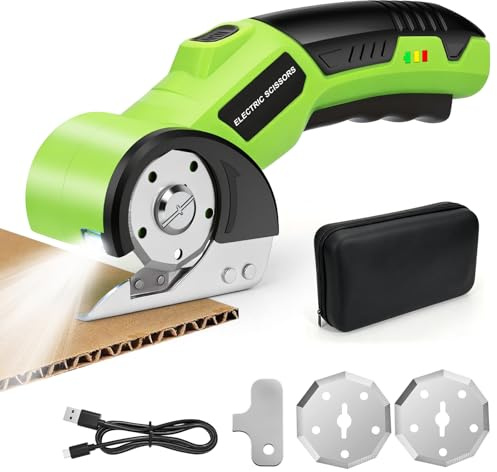 Taglierina Elettrica Rotante 4V, Forbici Elettriche Ricaricabili con Lama Autoaffilante e LED – Per Tessuti, Cucito, Pelle, Moquette, Cartone, Plastica – Idea Regalo Fai da Te, Atelier (Verde)