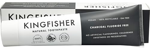Kingfisher Natural Toothpaste Charcoal Mint Fluoride-Free | Vegetarian & Vegan | Oral Health Foundation Approved | Gluten-Free & GM-Free | Ethical Consumer Best Buy | 1x100ml Tube