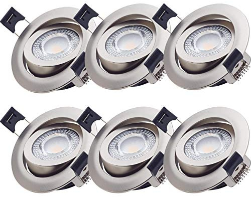 Oktaplex lighting 6er Set LED Einbaustrahler 230V flach, 5W 350lm Ra 90 3000K Warmweiß Ø 68mm Einbaudurchmesser, Spots Decke schwenkbar Nickel gebürstet