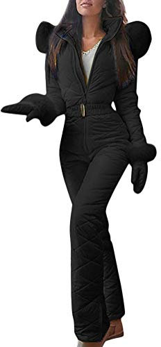 Minetom Damen Einteiliger Skioverall Winter Warme Schnee Skifahren Sätze Outdoor Jumpsuit Langer Overall mit Kapuze Reißverschluss Skianzüge wasserdicht Schneeanzug (Schwarz, 40)