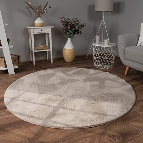 Paco Home Teppich Wohnzimmer Kunstfell weich waschbar modern elegant pflegeleicht Felloptik Uni Seidenglanz flauschig Kurzflor, Grösse:80 cm Rund, Farbe:Beige
