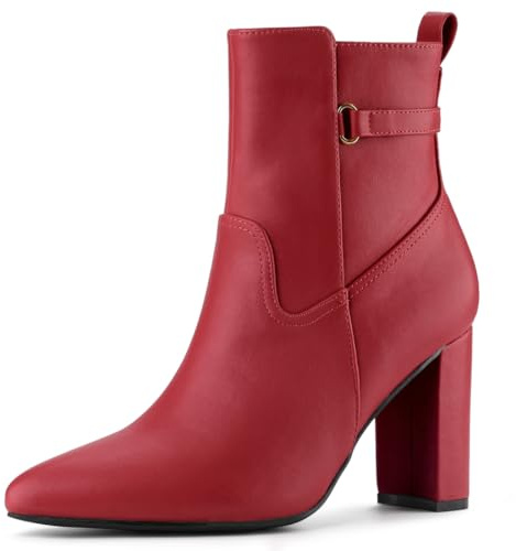 Allegra K Botines De Tacón Alto Grueso con Punta Puntiaguda para Mujer Rojo 37.5
