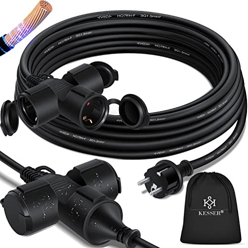 KESSER® Verlängerungskabel 10m Mehrfachstecker mit 3 x Schuko Stecker mit Schutzkappe - Outdoor - für Innenbereich Außenbereich - Verlängerung Verteilerkabel – 230 V IP44 - Baustellenkabel Stromkabel
