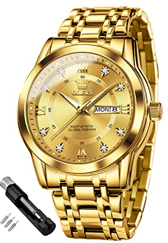 OLEVS Herrenuhren Gold Edelstahl Uhr Männer mit Diamant Gesicht Quarz Wasserdicht Lässige Elegante Armbanduhr Geschenk
