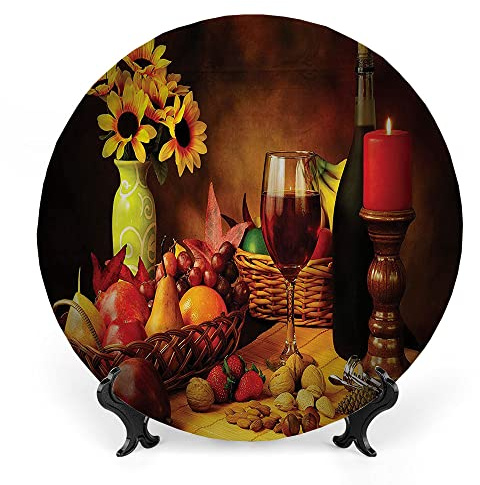 LIGUTARS Decorative Plates, Winery Print Ornament, Still Life Fruits Flowers, 10 Inch, Kitchen Wall Decor, Multicolor
