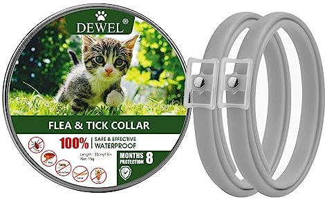 DEWEL Set de 2 Collar Gato contra Pulgas, Garrapatas y Mosquitos, Collar Antipulgas y Garrapatas 34,5cm para Gatos y Perros Pequeños y Medianos, 8 Meses de Protección
