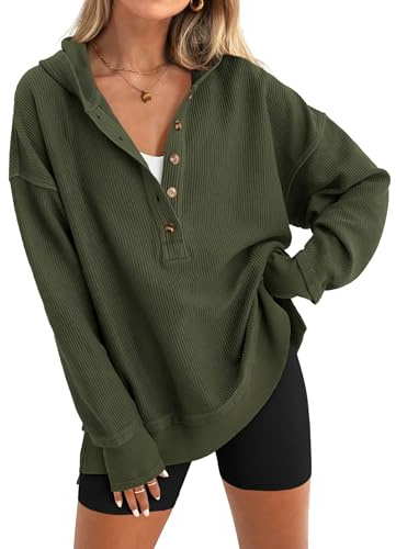 PRETTYGARDEN Womens Pullover Hoodie 2026 Spring Fashion Long Sleeve Hooded Sweatshirt Button Down V Neck Tops Winter Clothing(Army Green,Large)