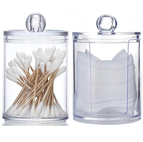MIEGUIWOR 2 Wattestäbchen Behälter und Wattepadspender aus Hochwertigem PET – Klar, Staubdicht und Langlebig – Ideal für Kosmetik, Q-Tips und Make-up – für Bad, Schminktisch und Büro (transparent,A)