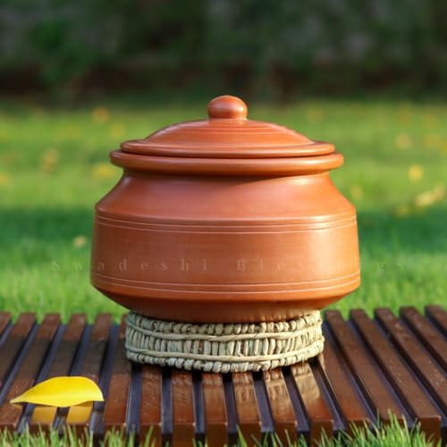 Swadeshi Blessings Unglazed Clay Pot for Cooking with Lid/Lead Free Clay Cooking Pot/Earthen Pot/Clay Handi/Earthen Kadai/Curry, Biryani Pots & Free ASH for Cleaning (3 Liters)