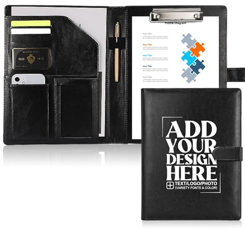 Personalised Portfolio Folder A4 Customised Leather Padfolio with Logo or Text - Ideal for Conference, Resumes, Interviews, and Professional Business Use, Black