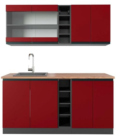 Vicco Singleküche R-Line, Rot/Anthrazit, 160 cm J-Shape, AP Eiche, zur individuellen Erweiterung mit zusätzlichen Modulen geeignet