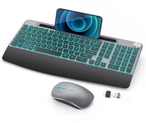 JOYACCESS Ensemble Clavier et Souris sans Fil AZERTY, Combo Rechargeable Rétroéclairé avec Support Téléphone et Molette Volume, Clavier Taille Réelle Silencieux pour PC, Mac, Windows, Bureau