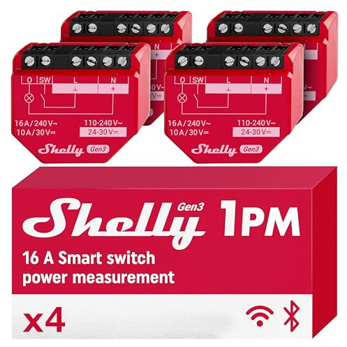 Shelly 1PM Gen3, Wi-Fi Smart Relay Switch, 16A, Power Monitoring, Real-Time Power Metering, Home Automation, Alexa & Google Home, iOS & Android, No Hub Required (4 Pack)