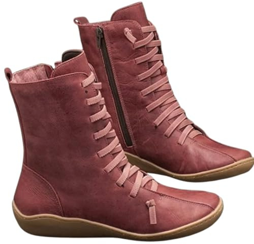 FGRID Botas de cuña con Soporte para el Arco para Mujer, Botines Casuales de Cuero con Cordones y tacón bajo, Botines para Caminar de PU con Cremallera Lateral para Invierno,Rojo,37