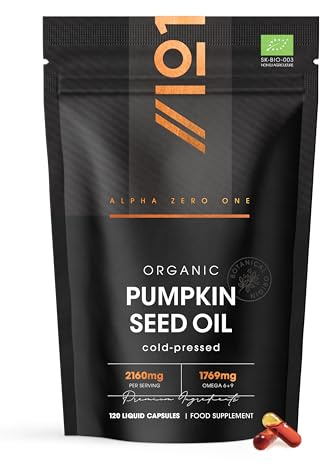 Organic Pumpkin Seed Oil 2160mg – 80% Linoleic & Oleic Acid – 120 Vegan Capsules – 1769mg Omega 6 & 9 – Virgin & Cold Pressed – By Alpha01