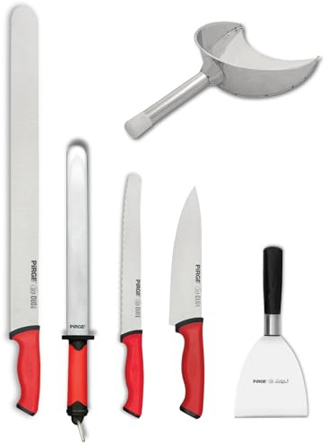 Pirge Profi Kebab knivset för kebab shop – kebab knivset med 6 stycken – 55 cm kebab kniv – 21 cm kockkniv – 22,5 cm brödkniv – 30 cm brynstål – rostfritt stål kebab spade – spatel