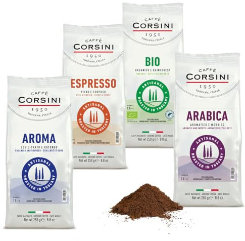 Café Corsini - Set Café Moulu Dégustation Nouvelle Gamme, Aromatique, Espresso, 4x250g, Total Set 1Kg