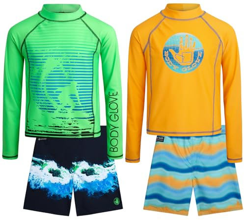 Body Glove Boys Swim Set - 4 Piece UPF 50+ Swim Trunks and Rash Guard for Boys Kids Swimwear Set (Sizes: 4-12), Size 8, Orange/Green Surf
