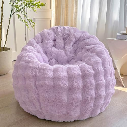 LIFEREVO 3FT Fluffy Faux Rabbit Fur Bean Bag Cover, No Filler, Lavender | Soft Bubble Stuffed Bean Bag Storage for Bedroom Living Room, Washable Decorative Plush Furry Beanbag Chair Cover, Anti-slip