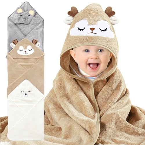 UIKTSSL 3 asciugamani morbidi per bambini con cappuccio, morbidi e super assorbenti, per bambini, con cappuccio, simpatici animali, caffè, bianco e grigio, 80 x 80 cm