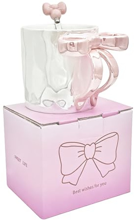 Keramisk kopp med rosett, 350 ml, elegant kopp med rosett och handtag, kopp med rosett och sked, förtrollande kopp med rosett, för kvinna, väninna, mamma, kollega, diskmaskinbeständig (rosa)