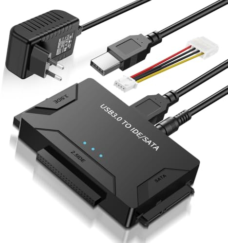 5Gbps Adaptateur Disque Dur USB 3.0 pour 2.5/ 3.5 HDD/SSD, Convertisseur Station d'accueil avec Interrupteur de Courant pour Disque Dur SATA/IDE avec Câble USB/Alimentation 12V 2A