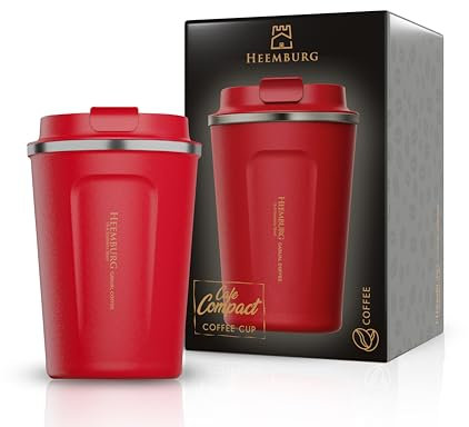Heemburg Kaffeebecher für unterwegs Coffee-to-go Thermobecher schwarz 350 ml aus Edelstahl mit Doppelwand Isolierung 100% auslaufsicher für Kaffee oder Tee, Rot, 350ml (Ohne Lid - 380ml)
