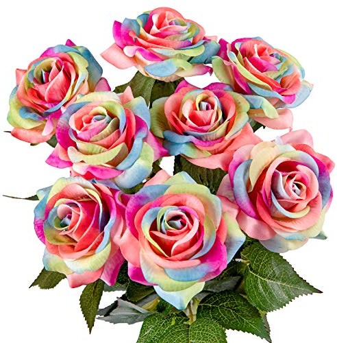 Whaline 8 rose artificiali arcobaleno per San Valentino, realistiche al tatto, in seta, rose finte per bouquet fai da te, feste di nozze, baby shower, decorazioni per la casa