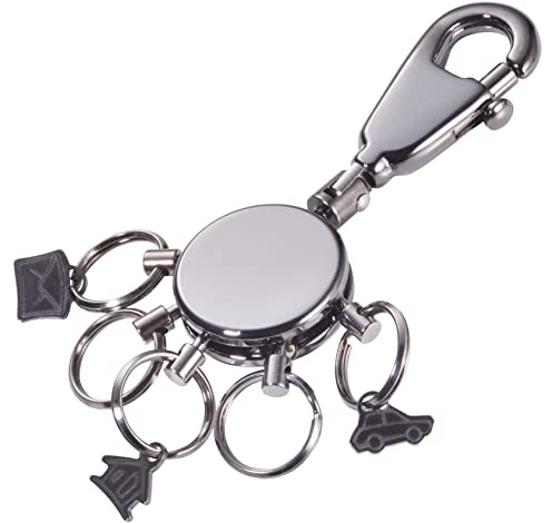 TROIKA Schlüsselanhänger, rund, inkl. Karabinerhaken, 5 ausklinkbare Ringe, 3 davon mit Motiv-Anhänger (Haus, Brief, Auto) zur Schlüsselorganisation, Messing, glänzend, black chrome, KYR62/GM, 5 ringe