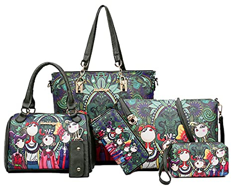 NIYUTA Bolsos para Mujer Conjunto de 6 Piezas con asa Superior de Cuero PU para Mujer Bolso de Hombro Grande Monedero Portatarjetas - Negro Verde