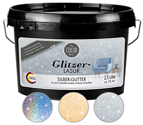 My COLOR Room Barniz con purpurina (2500 ml, plateado), transparente con purpurina para decoración de paredes con efecto de purpurina para interiores, fabricado en Alemania